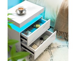 Wishdor Nachtkastje van geëngineerd hout met verstelbare multicolor LED, 2 lades, mat wit, modern en multifunctioneel
