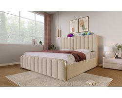 Wishdor Opbergbed met USB en USB-C – Beige Linnen – 180x200 cm