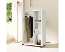Wishdor - Open Garderobekast Op Wielen - Met Kledingstang En 3 Planken - Modern - Voor Hal Of Slaapkamer - Spaanplaat - Wit - 80 x 40 x 128 cm