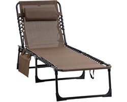 Wishdor - Opvouwbaar Ligbed - 5-Standen Verstelbare Rugleuning - Met Hoofdkussen En Zijvak - Polyester - Bruin - 185 X 58 X 30 Cm