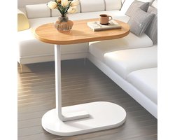 Wishdor Ovale Bijzettafel C-Vorm 45x30x60 cm - Scandinavische Laptoptafel voor Bank & Bed - Veilig Ovaal Design - Wit & Houtlook