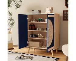 Wishdor Retro Schoenenkast met Deuren - Uniek Geometrisch Design - Halmeubel / Opbergkast - Blauw / Naturel Hout - 76x98,5 cm