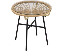 Wishdor Ronde Bijzettafel Boho-Stijl (Ø 50 cm) - Glazen Tuintafel met PE-Rattan & Metaal - Voor Balkon & Terras - Beige