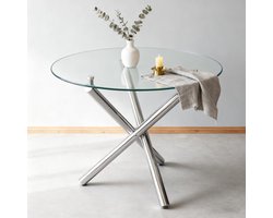 Wishdor - Ronde Eettafel - Gehard Glas - Kruispoot - Minimalistisch - Glas En Metaal - Zilver - 80 X 80 X 76 Cm