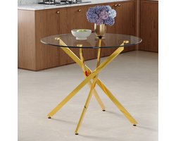 Wishdor - Ronde Eettafel - Gehard Glazen Tafelblad En Stabiel Kruisframe - Modern Ontwerp Voor Kleine Eethoek - Glas En Metaal - Goudkleurig En Transparant - Diameter 88 Cm, Hoogte 75 Cm