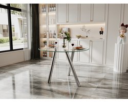 Wishdor - Ronde Eettafel - Gehard Glazen Tafelblad En Stabiele Constructie - Modern Ontwerp - Voor Eethoek - Metaal En Glas - Zilver - Transparant Blad - Onderhoudsvriendelijk En Slijtvast Voor Dagelijks Gebruik