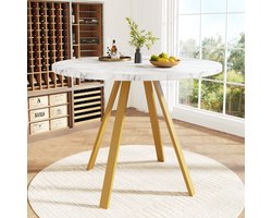 Wishdor Ronde Eettafel - Luxe Marmerlook - Metalen Gouden Poten - Ruimtebesparend - Wit en Goud - Ø 80 cm