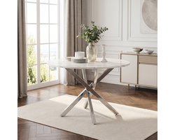 Wishdor Ronde eettafel - Modern minimalistisch - Marmorlook - Zilverkleurige X-poot - Woonkamer keuken eetkamer - MDF en metaal - Zilver wit - Ø 80 x 75 cm