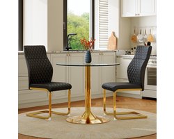 Wishdor Ronde eettafel set - Modern - 85 cm glasblad - Gouden metalen onderstel - 2 stoelen - Zwart goud - Transparant - Voor eetkamer en kleine ruimtes