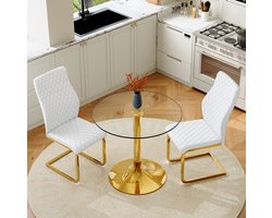 Wishdor Ronde glazen eettafel set met 2 stoelen - Modern design - Transparant glas en wit goud - 85 cm - Voor eetkamer, café en kleine ruimtes