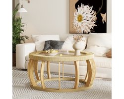 Wishdor - Ronde Salontafel - Gebogen Poten En Rotan Detail - Bohemian Stijl - Woonkamer - Massief Hout En MDF - Naturel - 90 X 90 X 43 Cm