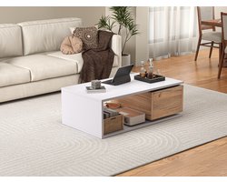 Wishdor - Salontafel - 360° Draaibare Lade En Open Opbergruimte - Modern - Woonkamer - MDF - Wit En Eikenkleur - 90 X 50 X 30 Cm