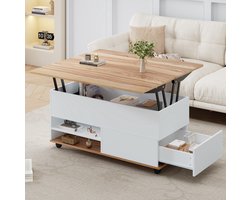Wishdor Salontafel - Hoogteverstelbaar met lades - Hydraulisch en verrijdbaar - Modern - Woonkamer kantoor eetkamer - Bewerkt hout - Wit naturel houtkleur - 100 x 98 x 65 cm