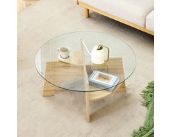 Wishdor - Salontafel - Ronde Glazen Plaat En Waaivormig Onderstel - Modern - Woonkamer - MDF En Glas - Transparant En Houtkleur - Ø 80 X 36 Cm