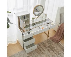 Wishdor - Schminktafel - Met LED-spiegel - Spaanplaat en metalen frame - H115/B120/T45 cm wit/goud