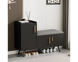 Wishdor Schoenbank met Zitkussen - Halbank met 3 Deuren & Opbergruimte - Goudkleurige Accenten - 100x34x69 cm - Zwart