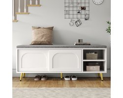 Wishdor - Schoenenbank Met Opbergruimte En Zitkussen - Halbank Met Deuren En Legplanken - Comfortabele Zitting En Stabiele Constructie - Modern Ontwerp - Voor Hal Of Slaapkamer - Spaanplaat - Wit - 121 X 35 X 49 Cm