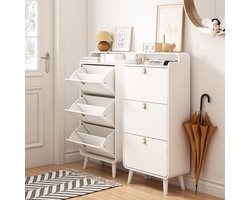 Wishdor Schoenenkast - 3 Kanteldeuren - Smal Vrijstaand Ontwerp - Met Bovenblad - MDF Met Melamine - Wit