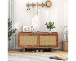 Wishdor Schoenenkast Met 2 Deuren - Verstelbare Legplanken - Kunststof Rotan - Spaanplaat Met Melaminecoating - Walnootkleur - 104 X 40 X 48 Cm