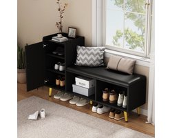 Wishdor - Schoenenkast - zwart hoogglans - met zitting en opbergruimte - staande halbank voor entree of slaapkamer - houtlook en metaal - zwart - 120 x 35 x 71,5 cm