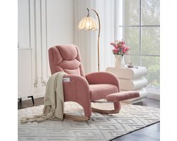 Wishdor Schommelstoel - Gevoerde relaxfauteuil - Met armleuningen en inklapbare voetsteun - Teddy stof - Woonkamer slaapkamer - Houten schommelbasis - Roze - 66 x 99 x 96 cm