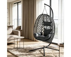Wishdor Schommelstoel met standaard - Verstelbare hoogte en 360° schommelen - Rotan hangstoel met metalen frame - Donkergrijs - Tot 150 kg - 105 x 105 x 195 cm