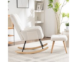 Wishdor Schommelstoel - Met voetenbank en armleuningen - Ergonomisch en zacht gevoerd - Scandinavisch basic - Woonkamer slaapkamer terras - Hout - Wit - 92 x 65 x 94 cm