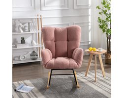 Wishdor Schommelstoel - Teddy stof met hoge rugleuning en armleuningen - Gepolsterd en stil schommelend - Mid century modern - Woonkamer slaapkamer leeshoek - Hout metaal - Roze - 80 x 70 x 95 cm