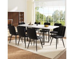 Wishdor Set tafel en stoelen - Uittrekbare eettafel - 8 stoelen voor 8 personen - Eetkamer keuken - Bewerkt hout en metaal - Zwart wit - 140-179,5 x 80 x 75,5 cm