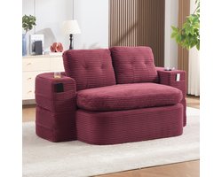 Wishdor - Slaapbank - 2-in-1 ligfunctie - met bekerhouders en zijvakken - retro vintage - woonkamer of logeerkamer - cordstof - wijnrood - 165 x 61 cm