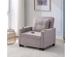 Wishdor - Slaapfauteuil - 3-in-1 Uitschuifbaar - Verstelbare Rugleuning - Bekerhouders En USB-Aansluiting - Hout En Metaal - Grijs