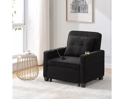 Wishdor - Slaapstoel - 3-In-1 Uitschuifbaar - Verstelbare Rugleuning - Met Usb-Aansluiting En Bekerhouders - Hout En Metaal - Zwart