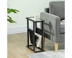 Wishdor smal bijzettafeltje voor woonkamer en slaapkamer met gehard glas, linnen opbergtas en zwart metalen frame, 40×18×55,5 cm