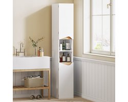 Wishdor - Smalle Hoge Badkamerkast - 2 Deuren, 2 Open Vakken En Verstelbare Planken - Modern Gebogen Ontwerp - Voor Badkamer Of Hal - Spaanplaat - Wit En Houtkleur - 30 X 34,6 X 180,5 Cm