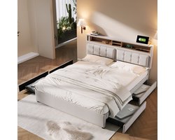 Wishdor Smart Bed / Queen Size Tweepersoonsbed met 4 Lades (160x200 cm) - Gestoffeerd met Verstelbaar Hoofdbord, USB-C & Stopcontact - Linnen - Beige / Crème