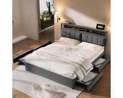 Wishdor Smart Bed / Queen Size Tweepersoonsbed met 4 Lades (160x200 cm) - Gestoffeerd met Verstelbaar Hoofdbord, USB-C & Stopcontact - Linnen - Grijs