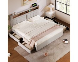 Wishdor Smart Bed / Tweepersoonsbed met 4 Lades (140x200 cm) - Gestoffeerd met Verstelbaar Hoofdbord, USB-C & Stopcontact - Linnen - Beige / Crème