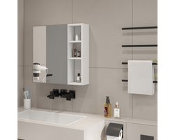 Wishdor - Spiegelkast Voor Badkamer - Wandmontage Met Verdeelde Opbergruimte En Veiligheidsspiegeldeur - Moderne Uitvoering - Voor Badkamer Of Slaapkamer - MDF En Glas - Wit En Transparant - 55 X 56 Cm