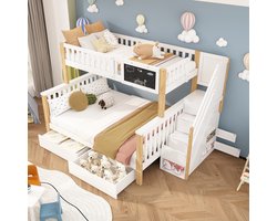 Wishdor – Stapelbed 90x200 & 140x200 cm – Opbergtrap, lades & krijtbord – Massief hout – Wit en licht eiken – Creatieve broer-zus kamer in één meubel