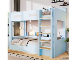 Wishdor Stapelbed 90x200 cm - Met onderbed en USB-oplaadpunt - Met opbergvakken - Modern minimalistisch - Slaapkamer - Hout - Blauw