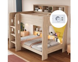 Wishdor Stapelbed 90x200 cm - Twee slaapplaatsen boven elkaar - Opbergruimte op beide niveaus en veiligheidshek - Brede ladder met handgrepen - LED-verlichting en stopcontacten - MDF en multiplex - Naturel hout