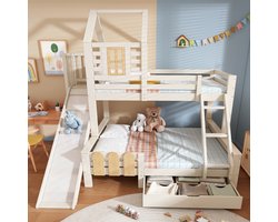 Wishdor - Stapelbed 90x200 En 140x200 - Met Glijbaan Trap En Lade - Met Lattenbodem - Metaal En Hout - Wit En Naturel