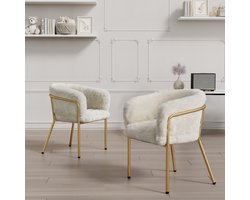 Wishdor Stoelenset - Met Metalen Poten - Voor Woonkamer En Slaapkamer - Zachte Imitatiebont Bekleding - Wit - Set Van 2