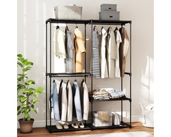 Wishdor - Stoffen Kledingkast - Met Legvakken En Hanggedeeltes - Modern - Voor Slaapkamer - Metaal - Zwart - 142 x 43 x 185 cm