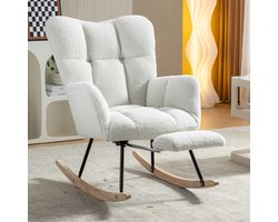 Wishdor Teddy Schommelstoel met Voetensteun - Relaxstoel & Voedingsstoel voor Babykamer - Bouclé - 136 kg Draagkracht - Wit
