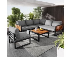 Wishdor Tuinloungeset - Flexibele Opstelling En Afneembare Kussenhoezen - Modern - Voor Balkon Of Terras - Metaal, Polyester En Houten Tafelblad - Grijs - 5-Delig