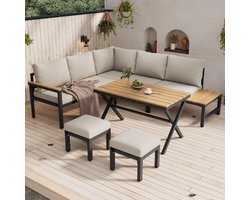 Wishdor - Tuinloungeset - Hoekbank Met Eettafel En 2 Krukken - Voor Terras Of Balkon - Verzinkt Staal - Grijs