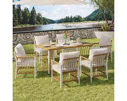 Wishdor Tuinmeubelset Met 1 Tafel En 6 Stoelen - Rotanlook En Kussens - Modern Ontwerp - Voor Terras Of Tuin - Metaal, Polyester En Kunststofhout - Beige, Bruin, Naturel
