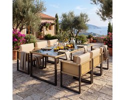 Wishdor Tuinset Met Eettafel En 6 Stoelen - Verstelbare Voeten En Afneembare Hoezen - Modern - Voor Buiten - PE-Rattan, Glas En Polyester - Zwart En Bruin