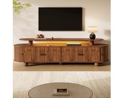 Wishdor TV meubel - Ovale vorm - Dubbellaags opbergkast - LED verlichting - Retro stijl - Woonkamer - MDF - Walnoot - 180 x 40 x 48 cm